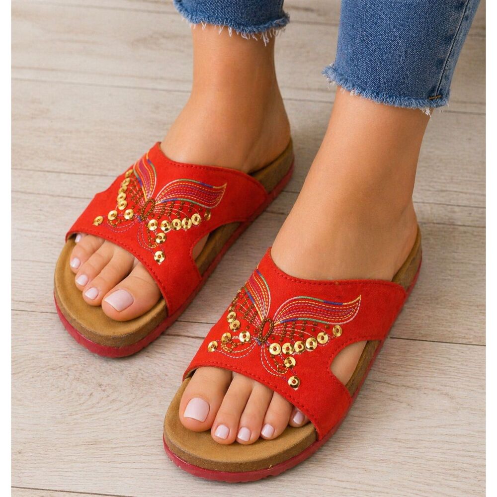 NWT Alessia Sequined Slides Mules Size Euro 39 / U S. 8.5 Red Sandals Summer